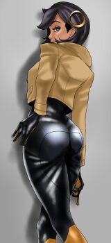 1girl black_bodysuit black_hair blue_eyes bodysuit bodysuit_under_clothes brown_jacket dark-skinned_female dark_skin elementals_gaming_(gami1) emma_(pokemon) from_behind gloves hair_ornament highres jacket looking_at_viewer nintendo pokemon pokemon_legends:_z-a purple_eyes short_hair simple_background smile
