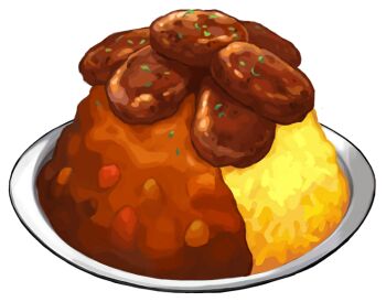 artist_request curry curry_rice food food_focus game_cg garnish hamburger_steak nintendo no_humans official_art plate pokemon pokemon_swsh rice third-party_source transparent_background