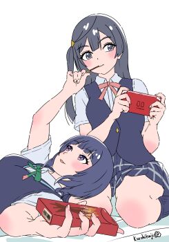 2girls absurdres asaka_karin black_hair black_sweater_vest black_vest blue_shirt blush collared_shirt commentary_request dress_shirt feeding food green_ribbon grey_eyes hair_ornament handheld_game_console highres holding holding_food holding_handheld_game_console holding_pocky kurohitsuji_(akiyamasheep) lap_pillow long_hair looking_at_another looking_to_the_side love_live! love_live!_nijigasaki_high_school_idol_club lying medium_hair multiple_girls neck_ribbon nijigasaki_school_uniform nintendo_switch nintendo_switch_lite on_back one_side_up parted_lips pink_ribbon pocky pocky_day purple_eyes ribbon school_uniform shirt short_sleeves simple_background sitting summer_uniform sweater_vest triangle_hair_ornament vest wariza white_background yuki_setsuna