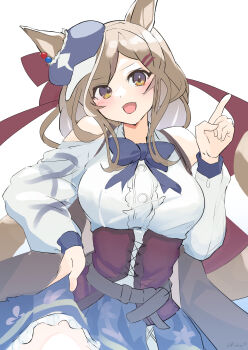 1girl absurdres animal_ears bare_shoulders blue_hat blush bow breasts brown_hair center_frills clothing_cutout corset ears_through_headwear frills hair_ornament hairclip hashtag-only_commentary hat highres hinokey_(hinokey0126) horse_ears horse_girl horse_tail long_hair long_sleeves looking_at_viewer matikanetannhauser_(panpaka_tiltott)_(umamusume) matikanetannhauser_(umamusume) medium_breasts multicolored_hair newsboy_cap open_mouth red_corset shirt shoulder_cutout simple_background skirt smile solo streaked_hair tail tilted_headwear umamusume white_background white_shirt yellow_eyes