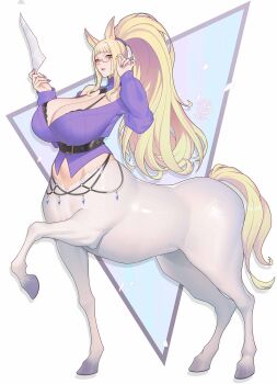 Rule 34 | 1girl, animal ears, belly chain, belt, black belt, black bra, blonde hair, blue eyes, blunt bangs, bra, bra peek, breasts, centaur, chinese commentary, cleavage, commentary request, crop top, eyeshadow, eyewear strap, full body, glasses, hands up, high ponytail, highres, holding, holding paper, hooves, horse ears, horse tail, huge breasts, jewelry, long hair, long sleeves, looking at viewer, makeup, monster girl, multiple legs, original, paid reward available, paper, parted lips, ponytail, purple nails, purple shirt, red eyeshadow, shirt, sidelocks, signature, solo, standing, standing on three legs, stomach, tail, taur, underbust, underwear, variant set, very long hair, xiumu pianzhou
