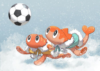 Rule 34 | aqua coat, ball, clothed pokemon, coat, commentary request, fur-trimmed coat, fur trim, naru (wish field), nintendo, no humans, playing, pokemon, pokemon (creature), snow, snowing, soccer ball, tatsugiri, tatsugiri (curly), white fur, winter, yellow coat