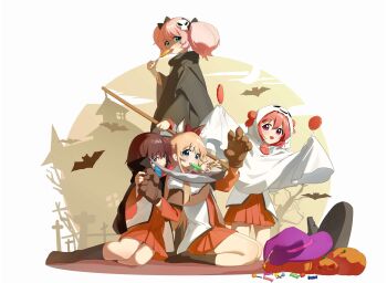 4girls akaza_akari bat_(animal) blonde_hair bow brown_eyes brown_hair brown_socks candy claw_pose double_bun dress food funami_yui ghost_costume hair_bow hair_bun hair_ornament halloween halloween_costume highres jack-o&#039;-lantern keibi_inu kneehighs kneeling knees lollipop looking_at_viewer multiple_girls nanamori_school_uniform pink_hair pleated_dress pumpkin purple_eyes red_dress red_hair school_uniform shirt short_dress short_hair socks swirl_lollipop toshinou_kyouko twintails vampire_costume white_shirt yoshikawa_chinatsu yuruyuri