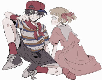 1boy 1girl ana_(mother) arm_on_knee baseball_cap belt black_belt black_eyes black_hair blonde_hair blunt_bangs blush bow commentary_request couple dress eye_contact full_body grey_shorts hair_bow hat hetero highres knee_up light_smile looking_at_another mother_(series) mother_1 neckerchief ninten nintendo pink_bow pink_dress pink_shoes red_hat red_neckerchief red_socks shirt shoes short_twintails shorts sideways_hat sitting socks striped_clothes striped_shirt sweat twintails wa_noko