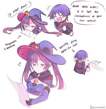 +++ 1boy 1girl armor black_bodysuit black_choker black_gloves black_kimono black_shorts black_sleeves blunt_bangs blunt_ends bodysuit brooch choker clenched_hand closed_eyes commentary crescent crescent_hat_ornament detached_sleeves elbow_gloves english_commentary english_text facing_another fur_collar furisode genshin_impact gloves gold gold_trim green_eyes hair_between_eyes hand_up hat hat_ornament holding holding_paper index_finger_raised japanese_armor japanese_clothes jewelry kimono kote kurokote leotard light_blush long_hair looking_down mandarin_collar mona_(genshin_impact) neck_ring paper paper_in_mouth parted_bangs pink_hair pointing pointing_at_another purple_bag purple_hat purple_leotard purple_sleeves red_hat red_kimono scaramouche_(genshin_impact) scarasleepy scratching_head sequential short_sleeves shorts sidelocks sitting sleepy star_(symbol) star_brooch star_choker star_hat_ornament star_print tearing_up tears teasing tsurime twintails twitter_username two-sided_fabric two-sided_headwear white_kimono wispy_bangs witch_hat