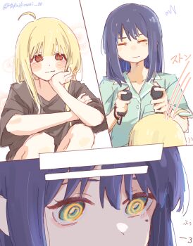 Rule 34 | 2girls, age difference, ahoge, black shirt, blonde hair, blue hair, brown eyes, cho kaguya-hime!, closed eyes, closed mouth, commentary request, controller, game controller, green eyes, green shirt, highres, holding, holding controller, holding game controller, kaguya (cho kaguya-hime!), long hair, multiple girls, sakayori iroha, shirt, wagariro