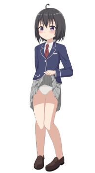 Rule 34 | 1girl, ahoge, black hair, blue jacket, blush, brown shoes, closed mouth, clothes lift, collared shirt, flat chest, full body, hair between eyes, highres, honjou kaede, itai no wa iya nano de bougyoryoku ni kyokufuri shitai to omoimasu, jacket, long sleeves, maple (bofuri), necktie, panties, pantyshot, purple eyes, red necktie, school uniform, shirt, shoes, short hair, simple background, skirt, skirt lift, solo, standing, takasuma hiro, thighs, underwear, webp-to-png conversion, white background, white panties, white shirt
