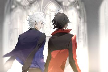 2boys ahoge aohitsugi_samatoki bishounen black_hair black_jacket black_pants blue_shirt blurry blurry_background chinese_commentary church closed_mouth earrings facing_away from_behind hair_between_eyes highres holding_hands hypnosis_mic indoors jacket jewelry long_sleeves looking_at_another male_focus maosanmu multicolored_jacket multiple_boys pants profile red_eyes red_jacket shirt short_hair standing upper_body white_hair window yamada_ichiro yaoi