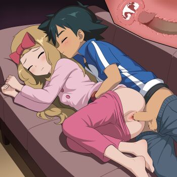 1boy 1girl absurdres ash_ketchum barefoot black_hair blush brown_hair censored closed_eyes closed_mouth clothed_sex couch cross-section cum cum_in_pussy ejaculation hetero highres hoshi_wo_miru loli long_hair lying mosaic_censoring nintendo on_couch on_side penis pokemon pokemon_(anime) pokemon_xy_(anime) pussy serena_(pokemon) sex sex_from_behind shota sleep_molestation testicles uterus vaginal