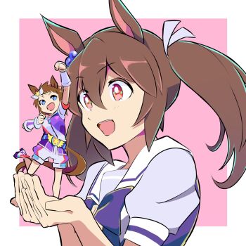 1girl animal_ears biko_pegasus_(gale_pegasus_type_zero)_(umamusume) biko_pegasus_(umamusume) bow bowtie brown_hair commentary_request cupping_hands ear_ornament figure hands_up highres hishi_akebono_(umamusume) horse_ears long_hair open_mouth own_hands_together puffy_short_sleeves puffy_sleeves purple_shirt red_eyes sailor_collar school_uniform shirt short_sleeves smile solo tracen_school_uniform twintails umamusume upper_body yasumi_(aitne)