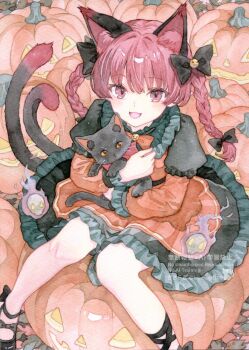 1girl adapted_costume animal animal_ears animal_hug blush bow bowtie braid breasts cat cat_ears cat_tail commentary dress extra_ears fire flaming_skull floating_skull green_dress hair_bow halloween halloween_costume highres jack-o&#039;-lantern kaenbyou_rin kisarush long_hair long_sleeves looking_at_viewer mary_janes multiple_tails nekomata open_mouth orange_bow orange_bowtie orange_dress painting_(medium) pumpkin red_eyes red_hair ribbon shoes skull smile solo tail third_eye touhou traditional_media twin_braids two_tails watercolor_(medium) watermark