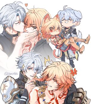 Rule 34 | 2boys, anger vein, animal ears, antenna hair, arm tattoo, armlet, armor, armored boots, black choker, black coat, black pants, black shirt, blonde hair, blue eyes, blush, boots, braid, carrying, cat boy, cat ears, cat tail, chest tattoo, chibi, choker, clawed gauntlets, coat, commentary, earrings, facial tattoo, gold earrings, gold necklace, gradient hair, hand in another's hair, highres, honkai: star rail, honkai (series), jewelry, kiss, kissing cheek, male focus, medium hair, multicolored hair, multiple boys, mydei (honkai: star rail), naya (onaxart), neck tattoo, necklace, open clothes, open coat, pants, parted bangs, pauldrons, phainon (honkai: star rail), princess carry, red hair, red tattoo, shirt, short hair, shoulder armor, side braid, single pauldron, sun symbol, sun tattoo, tail, tan, tattoo, white coat, white hair, yaoi, yellow eyes