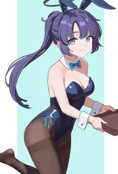 1girl absurdres alternate_costume animal_ear_hairband animal_ears black_pantyhose blue_archive blue_bow blue_bowtie bow bowtie breasts commentary english_commentary fake_animal_ears hairband highres holding holding_tray long_hair looking_at_viewer multicolored_eyes pantyhose playboy_bunny ponytail purple_eyes purple_hair rabbit_ears simple_background smile thejx_063 thighhighs tray two-tone_eyes yuuka_(blue_archive)