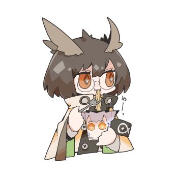 1girl arknights brown_hair chibi chibi_only closed_mouth commentary_request cup cup_ramen eating feather_hair fork glasses highres holding holding_cup holding_fork kdmr0402 long_sleeves looking_to_the_side objectification orange_eyes owl_ears ptilopsis_(arknights) short_hair silence_(arknights) simple_background translation_request upper_body white_background