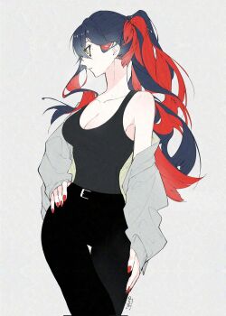 1girl belt black_hair black_tank_top breasts carmine_(pokemon) colored_inner_hair grey_background hair_between_eyes highres jacket long_hair long_sleeves mole mole_under_eye multicolored_hair nintendo off_shoulder ofuton_1414 pants pokemon pokemon_sv red_hair simple_background tank_top two-tone_hair yellow_eyes