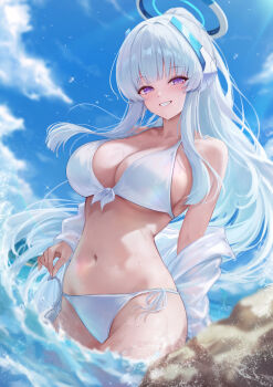 1girl absurdres bare_shoulders beach bikini blue_archive blue_halo blue_sky blush breasts cleavage cloud collarbone commentary day floating_hair front-tie_top halo highres jacket large_breasts long_hair mechanical_halo multicolored_halo navel nezumi_(09261377) noa_(blue_archive) ocean off_shoulder outdoors parted_lips purple_eyes rock see-through_clothes side-tie_bikini_bottom sidelocks sitting sky smile sparkle splashing stomach strap_lift swimsuit swimsuit_cover-up thighs very_long_hair wading water water_drop waves wet white_bikini white_hair white_halo white_jacket