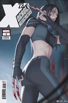1girl artist_name ass barcode black_gloves black_hair black_pants black_shirt blood blood_on_face bloody_weapon blue_eyes breasts character_name claw_(weapon) copyright_name cowboy_shot elbow_gloves fingerless_gloves from_side gloves hand_up highres laura_kinney lips long_hair looking_at_viewer marvel medium_breasts midriff pants shirt short_sleeves solo standing teeth weapon wristband x-23 x-men yaoyao794