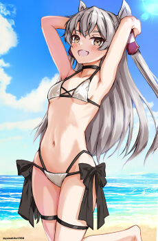 Rule 34 | 1girl, absurdres, amatsukaze (kancolle), arms behind head, beach, bikini, black choker, blue sky, breasts, brown eyes, choker, cloud, collarbone, commentary request, cowboy shot, cross-laced bikini, cross-laced clothes, day, grey hair, hair tubes, highres, horizon, kantai collection, long hair, mizuki (uzuki no sato), multi-strapped bikini bottom, navel, ocean, outdoors, side-tie bikini bottom, sky, small breasts, smile, solo, standing, standing on one leg, swimsuit, two side up, white bikini
