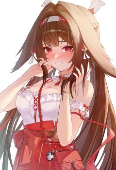 1girl :d absurdres animal_ear_fluff animal_ears bag blush_stickers bow bracelet breasts brown_hair cleavage collar commentary criss-cross_straps detached_sleeves droopy_ears fox_ears fox_girl frilled_collar frills hair_ornament hashtag-only_commentary headband high-waist_skirt highres hyujjo jewelry long_hair looking_at_viewer medium_breasts nail_polish official_alternate_costume open_mouth red_eyes red_nails ribbon shoulder_bag skirt smile strap symbol-only_commentary very_long_hair white_background ye_shunguang zenless_zone_zero