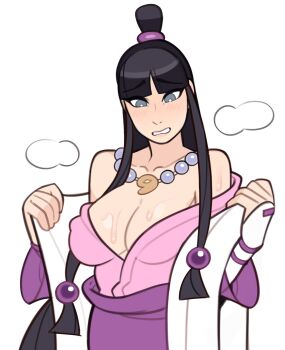ace_attorney beard black_hair breasts cleavage facial_hair hair_bun highres japanese_clothes jewelry large_breasts magatama magatama_necklace maya_fey necklace purple_eyes removing_shirt simple_background splashbrush steam sweat