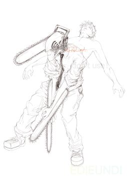 Rule 34 | 1boy, absurdres, artist name, chainsaw, chainsaw man, collared shirt, denji (chainsaw man), ediun, full body, greyscale, highres, lineart, male focus, monochrome, multiple views, necktie, object head, pants, sharp teeth, shirt, shoes, short hair, signature, sleeves rolled up, sneakers, spot color, teeth, topless male, watermark