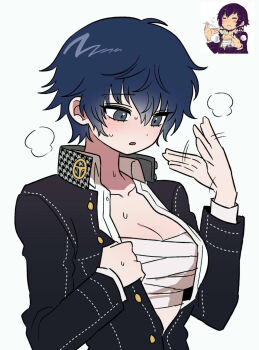 1girl afterimage black_jacket blue_hair blush breasts chest_sarashi cleavage collarbone collared_shirt commentary crossdressing crossdressing_(ftm) fanning_self grey_eyes hair_between_eyes highres houndstooth jacket large_breasts no_headwear parted_lips partially_unbuttoned persona persona_4 reference_inset reverse_trap sarashi school_uniform shirogane_naoto shirt shiryoku_kensa short_hair sidelocks simple_background solo standing sweat tomboy upper_body white_background white_shirt yasogami_school_uniform