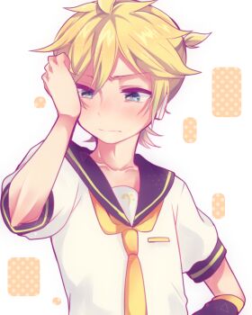 1boy aoi_choko_(aoichoco) bass_clef black_collar blonde_hair blue_eyes blush collar collarbone detached_sleeves embarrassed hand_on_own_head hand_up highres kagamine_len looking_down male_focus necktie ponytail sailor_collar school_uniform short_hair short_ponytail short_sleeves solo vocaloid yellow_necktie