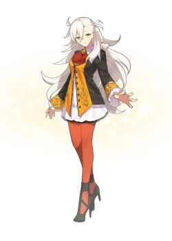 1girl ascot black_jacket black_shoes braid brooch commentary dress fate/grand_order fate_(series) full_body hair_between_eyes high_heels highres jacket jewelry kabutomushi_s long_hair looking_at_viewer multicolored_jacket olga_marie_animusphere orange_jacket pantyhose red_ascot red_pantyhose shoes smile solo standing two-tone_jacket white_dress white_hair yellow_eyes