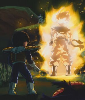 4boys absurdres aura battle black_boots black_hair blonde_hair blue_bodysuit bodysuit boots commentary dougi dragon_ball dragonball_z english_commentary father_and_son final_form_frieza frieza high_heel_boots high_heels highres male_focus multiple_boys muscular muscular_male namek namekian out_of_frame outdoors piccolo saiyan_armor short_hair son_gohan son_goku spiked_hair super_saiyan super_saiyan_1 titanartx