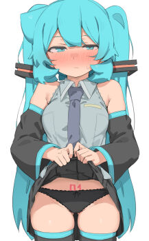 1girl abmayo absurdres bare_shoulders black_panties black_skirt black_sleeves black_thighhighs blue_eyes blue_hair blush breasts closed_mouth clothes_lift collared_shirt commentary_request detached_sleeves gluteal_fold grey_necktie grey_shirt groin hatsune_miku highres lifting_own_clothes long_hair long_sleeves looking_at_viewer medium_breasts miniskirt necktie nose_blush number_tattoo panties pleated_skirt pubic_tattoo shirt skindentation skirt skirt_lift solo tattoo thighhighs twintails underwear very_long_hair vocaloid