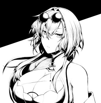 Rule 34 | 1girl, aogiri koukou, breasts, china, cleavage, cleavage cutout, closed mouth, clothing cutout, commentary request, expressionless, eyewear on head, greyscale, hair intakes, harusame urame, highres, large breasts, long hair, looking at viewer, monochrome, sadahiro (chicken nugget gyuuniku aji), solo, sunglasses, upper body, virtual youtuber