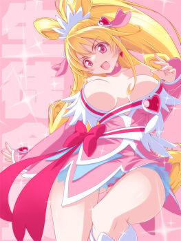 aida_mana blonde_hair breasts cure_heart dokidoki!_precure hair_ornament highres kikuchi_tsutomu large_breasts long_hair open_clothes open_shirt pink_eyes precure ribbon thighs very_long_hair