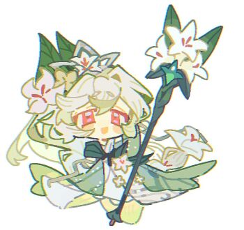 Rule 34 | 1girl, braid, chibi, chis74, cookie run, cookie run: kingdom, crown, design speculation, dress, gem, green dress, green gemstone, leaf, long hair, open mouth, pink eyes, simple background, smile, solo, staff, very long hair, white background, white hair, white lily, white lily cookie