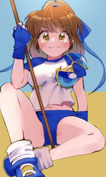1girl ankle_socks arle_nadja armor blue_buruma blue_ribbon blue_shoes breastplate breasts brown_eyes brown_hair buruma commentary_request fingerless_gloves gloves gym_shirt gym_uniform hair_ribbon highres looking_at_viewer madou_monogatari medium_breasts on_floor pole ponytail puyopuyo ribbon shirt shoes short_hair shoulder_armor smile socks solo spread_legs tamamiyau two-tone_shirt