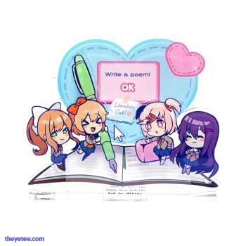 >_< 4girls :o acrylic_stand_(medium) artist_request blue_skirt blush blush_stickers book brown_hair chibi chibi_only closed_eyes closed_mouth commentary doki_doki_literature_club doki_doki_literature_club_school_uniform english_commentary english_text eraser full_body green_eyes grey_jacket hair_ornament hair_ribbon hairclip heart highres holding holding_pen jacket long_hair long_sleeves monika_(doki_doki_literature_club) multiple_girls natsuki_(doki_doki_literature_club) neck_ribbon nib_pen_(object) official_art open_book open_mouth oversized_object own_hands_together pen photo_(medium) pink_hair ponytail purple_hair red_ribbon ribbon sayori_(doki_doki_literature_club) school_uniform second-party_source short_hair sidelocks simple_background skirt smile standing standing_on_one_leg two_side_up very_long_hair watermark web_address white_background white_ribbon yuri_(doki_doki_literature_club)