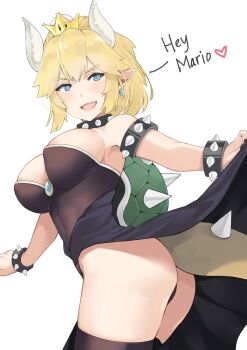 1girl areola_slip armlet armpits ass bare_shoulders black_thighhighs blonde_hair blue_eyes blue_gem bowsette bracelet breasts clothes_lift collar crown curvy dress english_text fangs female_focus from_side gem heart high_ponytail highres hip_focus horns j@ck jewelry large_breasts leotard long_hair looking_at_viewer mario_(series) new_super_mario_bros._u_deluxe nintendo open_mouth panties parted_bangs pointy_ears ponytail skirt skirt_lift smile solo spiked_armlet spiked_bracelet spiked_collar spikes spoken_heart standing super_crown thighhighs thighs underwear v-shaped_eyebrows white_background