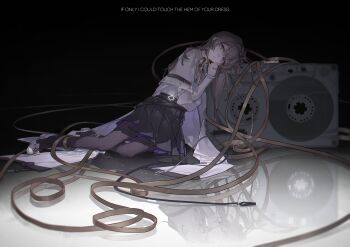 1girl absurdres arknights belt black_pantyhose cassette_player cassette_tape english_text highres leaning_on_object long_hair looking_at_viewer lying on_floor oversized_object pantyhose priestess_(arknights) purple_eyes reflection reflective_floor skirt solo yuraku_(yealsiewa)