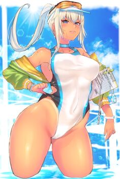 1girl blue_eyes blush competition_swimsuit covered_navel cowboy_shot day eyewear_on_head female_focus jacket long_hair looking_at_viewer off_shoulder one-piece_swimsuit original panzer_(p.z) parted_lips ponytail sky solo swimsuit tan tanline timer water white_hair
