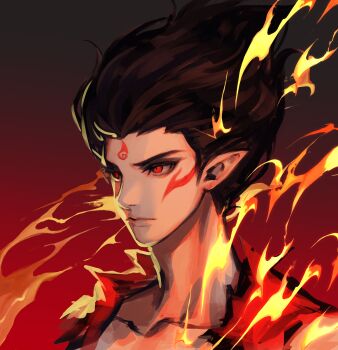 1boy absurdres black_hair chinese_commentary closed_mouth collarbone commentary_request cyacyacyacyaki facial_mark fire forehead_mark gradient_background highres male_focus nezha_(nezha_zhi_motong_jiangshi) nezha_zhi_motong_jiangshi portrait red_eyes red_vest short_hair solo spiked_hair tsurime v-shaped_eyebrows vest