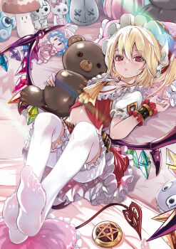 1girl ascot blonde_hair bloomers bonnet character_doll commentary crystal doll feet flandre_scarlet full_body hair_between_eyes highres holding holding_stuffed_toy l.f. laevatein_(touhou) looking_at_viewer lying on_back parted_lips pentagram pillow puffy_short_sleeves puffy_sleeves red_eyes red_skirt red_vest remilia_scarlet shirt short_sleeves skirt solo stuffed_animal stuffed_mushroom stuffed_rabbit stuffed_toy teddy_bear thighhighs touhou underwear vest white_bloomers white_bonnet white_shirt white_thighhighs wings wrist_cuffs yellow_ascot