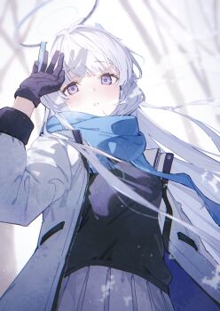 1girl black_gloves black_sweater blue_archive blue_scarf blush breasts commentary cowboy_shot dappled_sunlight enpera gloves halo highres jacket kyaroru long_hair long_sleeves looking_at_viewer mechanical_halo medium_breasts noa_(blue_archive) open_clothes open_jacket outdoors parted_lips pleated_skirt purple_eyes scarf skirt solo sunlight sweater white_hair white_jacket white_skirt