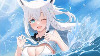 1girl ;d absurdres animal_ear_fluff animal_ears bikini black_sailor_collar blue_sky blush braid breasts cleavage hair_between_eyes highres hololive large_breasts lens_flare long_hair looking_at_viewer neo_(pixiv_64258253) ocean one_eye_closed open_mouth outdoors sailor_collar shirakami_fubuki shirt sky sleeveless sleeveless_shirt smile solo summer swimsuit virtual_youtuber water_drop white_bikini white_hair white_shirt