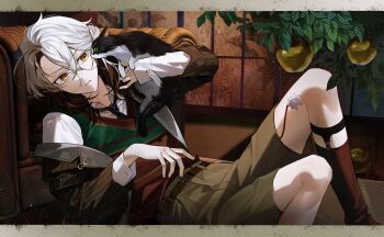 Rule 34 | 1other, animal, apple, blue necktie, brown jacket, brown shorts, cat, cheongdan t, couch, feet out of frame, food, fruit, gauze, gauze on leg, glasses, golden apple, green vest, highres, holding, holding animal, indoors, jacket, leaning on object, legwear garter, letterboxed, looking at animal, medicine pocket, medicine pocket (the cosmos photographer), medium hair, necktie, off shoulder, official alternate costume, plant, red socks, red vest, reverse:1999, round eyewear, shirt, shorts, sitting, socks, solo, sweater vest, two-tone vest, v-shaped eyebrows, vest, white hair, white shirt, yellow eyes