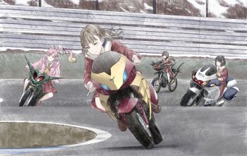 Rule 34 | 4girls, anyoji hime, black hair, brown hair, closed mouth, commentary request, crossover, dark hopper, gills raider, guard chaser, hasu no sora school uniform, kachimachi kosuzu, kamen rider, kamen rider agito (series), katsuragi izumi, link! like! love live!, long hair, long sleeves, love live!, machine tornador, medium hair, momose ginko, motor vehicle, motorcycle, multiple girls, outdoors, pink hair, ponytail, racetrack, riding, school uniform, short hair, v-shaped eyebrows, virtual youtuber, winter uniform, yoruneko yashiro