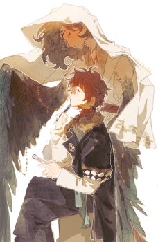 2boys a_xing absurdres bird_wings black_coat black_pants brown_feathers brown_hair brown_wings coat crossed_legs feathers feet_out_of_frame from_side getian_(reverse:1999) harpy_boy headscarf highres holding holding_notepad holding_pen long_sleeves looking_at_another looking_down male_focus monster_boy multiple_boys name_day_(reverse:1999) notepad pants pen pen_to_chin reverse:1999 shirt short_hair sitting sleeveless sleeveless_shirt white_background white_shirt winged_arms wings