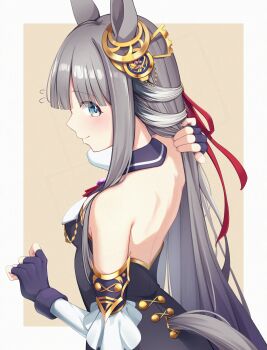 1girl absurdres animal_ears back bare_back black_gloves blue_eyes blush breasts brown_background chrono_genesis_(prismatic_curator)_(umamusume) chrono_genesis_(umamusume) closed_mouth commentary_request detached_sleeves fingerless_gloves gloves grey_background grey_hair highres horse_ears horse_girl horse_tail kirino_mist long_hair small_breasts smile solo tail two-tone_background umamusume