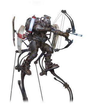 1boy absurdres arrow_(projectile) backpack bag bow_(weapon) compound_bow dishonored exoskeleton highres holding holding_arrow holding_bow_(weapon) holding_weapon mecha robot solo walker_(robot) weapon whaleoil white_background