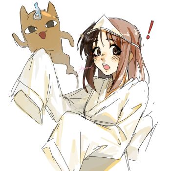 Rule 34 | !, 1boy, 1girl, alternate costume, animal ears, azumanga daiou, brown eyes, brown hair, cat ears, ghost girl, ghost tail, highres, kasuga ayumu, kyuunn, looking at viewer, medium hair, mihama chiyo's father, open mouth, robe, sleeves past fingers, sleeves past wrists, teeth, upper teeth only, white robe
