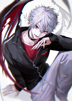 1boy absurdres black_choker black_jacket choker collarbone crew_neck double-parted_bangs elbow_on_arm fangs fingernails grey_pants hair_between_eyes hashtag-only_commentary highres jacket kuzuha_(1st_costume)_(nijisanji) kuzuha_(nijisanji) long_sleeves looking_at_viewer male_focus nijisanji open_mouth pants partially_unzipped red_eyes red_shirt red_wings sharp_fingernails shirt short_hair sitting smile solo striped_clothes striped_jacket teeth vampire vertical-striped_clothes vertical-striped_jacket virtual_youtuber white_hair wings zipper zipper_pull_tab znjxlz