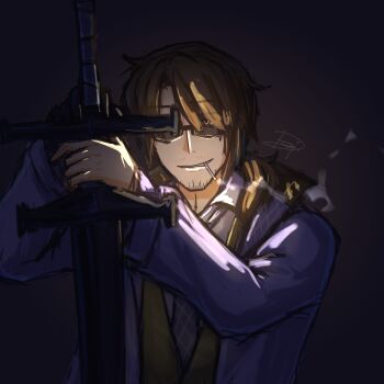 1boy absurdres artist_name bags_under_eyes beard_stubble black_background black_gloves blue_coat blue_necktie brown_hair bruise cigarette coat collared_shirt dark dark_background dress_shirt facial_hair facing_viewer formal_clothes glasses gloves gradient_background gregor_(project_moon) grey_background greyscale grin hair_between_eyes hair_intakes hair_over_one_eye half-closed_eyes hands_up highres holding holding_sword holding_weapon injury jacket limbus_company long_hair long_sleeves looking_at_viewer low_ponytail male_focus monochrome mouth_hold necktie one_eye_covered open_clothes open_coat parted_bangs parted_lips photoshop_(medium) planted ponytail project_moon purple_background semi-rimless_eyewear shirt sidelocks signature simple_background single_glove smile smirk smoke smoking smug solo stubble suit sword teeth under-rim_eyewear upper_body vest weapon white_background white_shirt wing_collar yellow_eyes yellow_vest zwei_association_south_uniform